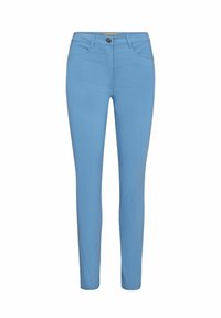 Lichtblauwe jeans met een slim fit, voorzien van een knoopsluiting, lussen voor een riem en voorzakken; gemaakt van zachte, rekbare stof.