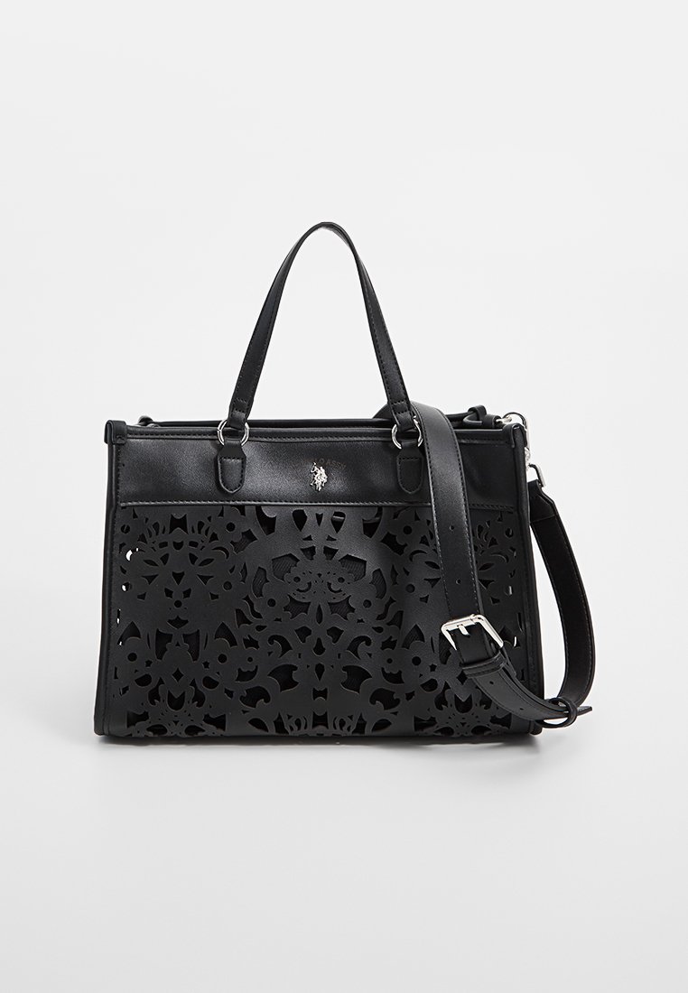 Schwarze Lederhandtasche mit durchbrochenem Blumendesign, doppelten Griffen und abnehmbarem Schultergurt. Mit silbernen Hardware-Details.