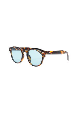 Occhiali da sole tartarugati con montatura rotonda, lenti blu e sottili decorazioni a forma di stella sulle tempie. Struttura in plastica leggera.