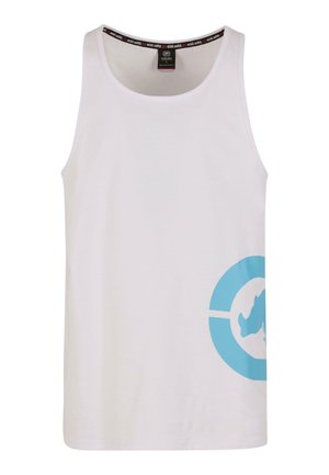Canotta bianca in cotone con scollatura tonda e ampí fori per le braccia. Presenta un grande design grafico turchese sul lato inferiore destro.