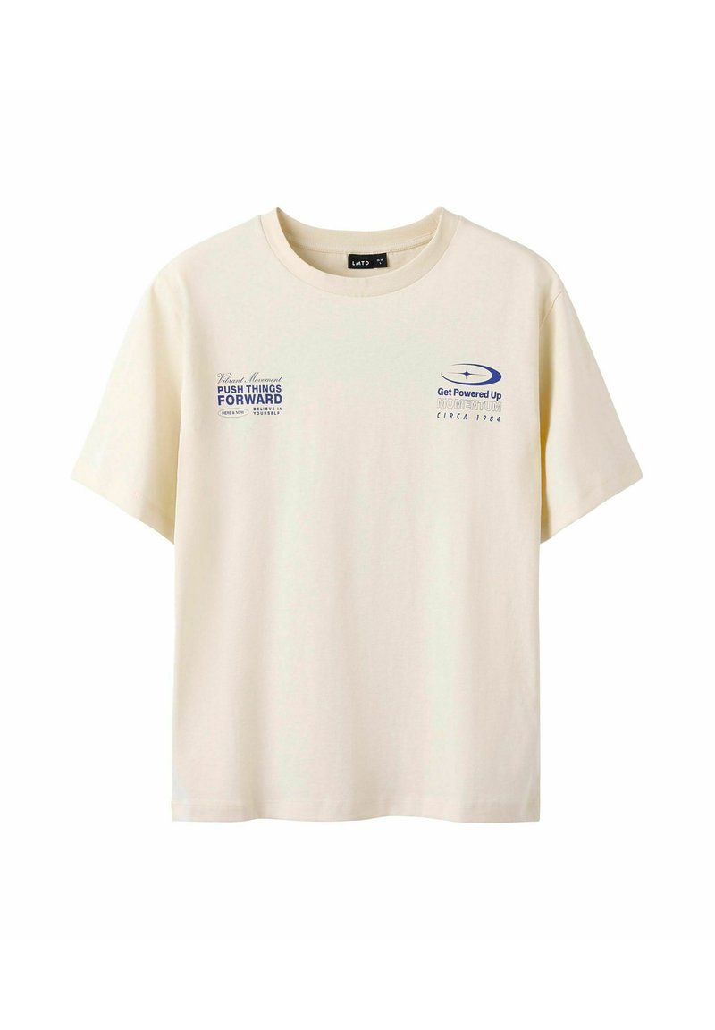 Beige bomuld t-shirt med korte ærmer, rund hals, med blå tekstgrafik på forsiden. Klassisk fit, blød tekstur.