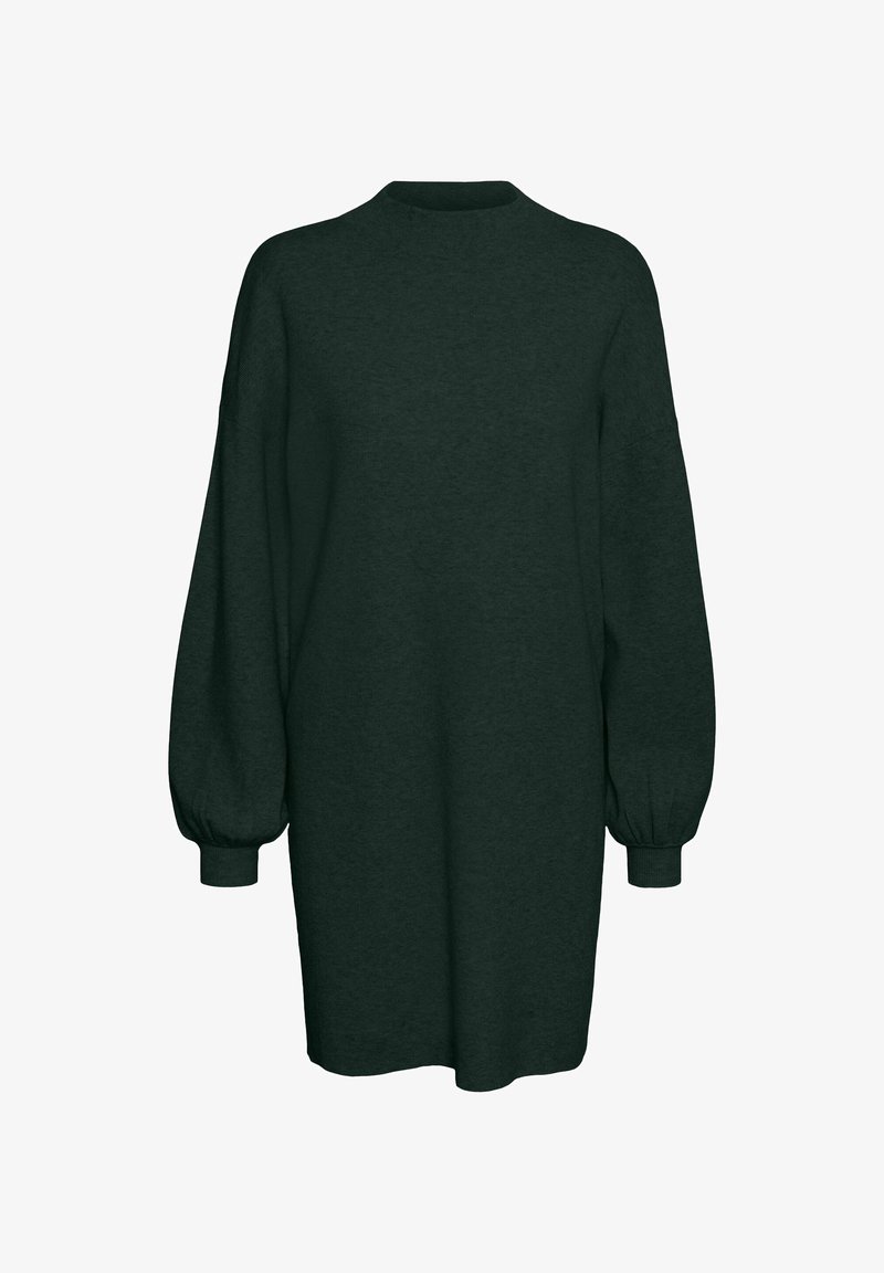 Dark green oversized dress made of soft fabric, featuring a high neckline and long balloon sleeves. Hemline falls above the knee.