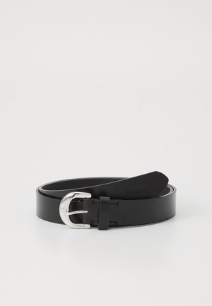 Black leather belt with a silver metal buckle, featuring a smooth texture and simple design. A single loop secures the end.