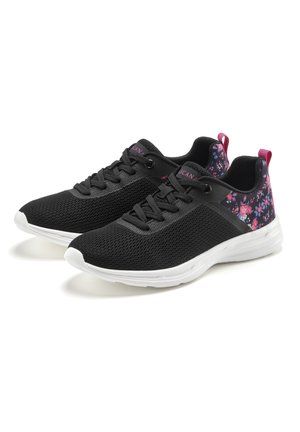 Black mesh athletic shoes with white soles and pink floral heel accents, featuring black laces and pink pull tabs.