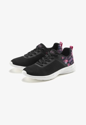 Black mesh athletic shoes with white soles and pink floral heel accents, featuring black laces and pink pull tabs.