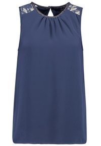 Blouse sans manches bleu marine avec détails en dentelle aux épaules, encolure plissée, fermeture au dos en trou de serrure et texture lisse et légère.