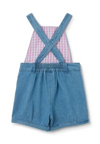 Denim tuinbroeken met roze gingham voering, kruisbanden, elastieken tailleband en opgerolde mouwen. Kenmerkt zich door een casual, ontspannen pasvorm.