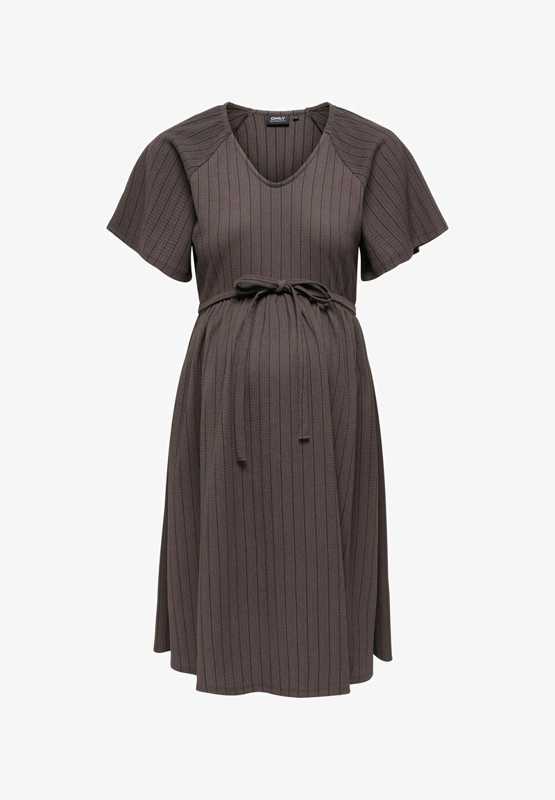 Rochie de maternitate maro cu dungi, cu decolteu în V, mâneci scurte și detaliu cu talie legată. Prezintă o textură moale și o croială lejeră.