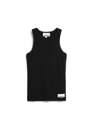 Débardeur en coton noir avec un col rond, des bretelles larges et une petite étiquette logo blanche près de l'ourlet. Coupe classique, design minimal.