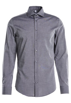 Szara koszula z długim rękawem i kołnierzykiem zapinanym na guziki, z delikatnym wzorem w szaro-niebieską kratkę oraz błyszczącymi guzikami z przodu.