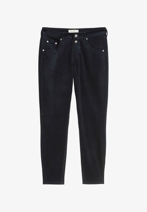 Dunkelblaue Stretchhosen mit schlanker Passform, ausgestattet mit zwei Fronttaschen, silbernen Hardware-Akzenten und einer glatten Stoffstruktur.