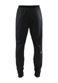 Sorte træningsbukser med elastisk talje, smalle ben og et lille hvidt logo på nederste venstre side, lavet af glat, let materiale.