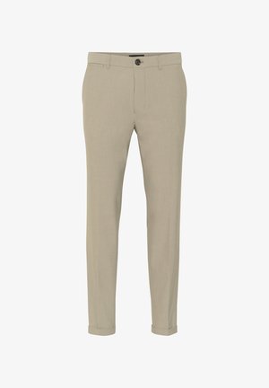 Pantaloni beige su misura con una texture liscia, dotati di chiusura con bottone e orli rifiniti. Realizzati in tessuto leggero con una vestibilità dritta.