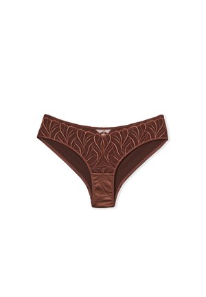 Brązowa bielizna typu bikini z kwiatowym haftem i małym wycięciem na przednim pasie w talii.