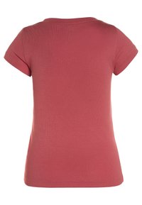 Red cotton t-shirt with short sleeves, round neckline, and a smooth texture. The back is plain with no visible patterns or accents.