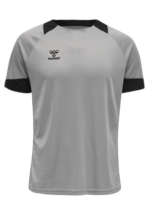 Graues Sport-T-Shirt mit schwarzen Akzenten, aus atmungsaktivem Mesh-Gewebe. Verfügt über einen Rundhalsausschnitt und eine geometrische Textur. Logo auf der Brust.