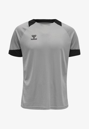 Grafietkleurig sport t-shirt met zwarte accenten, gemaakt van ademend meshmateriaal. Heeft een ronde hals en een geometrische textuur. Logo op de borst.