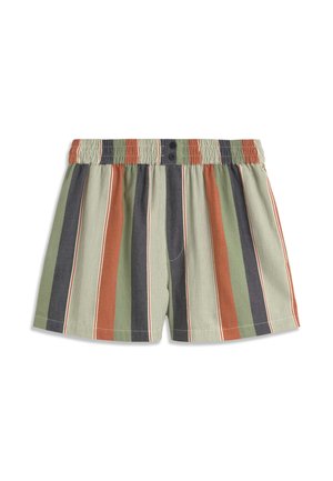 Shorts pour enfants à larges rayures verticales vertes, orange, grises et crème, avec une taille élastique et deux boutons à l'avant.