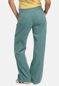 Pantalons en velours côtelé à jambes larges en teal avec une texture côtelée, dotés de deux poches arrière et d'une taille douce pour le confort.