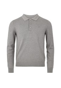 Maglione polo grigio realizzato in tessuto morbido, caratterizzato da un colletto, placca a tre bottoni e polsini e orlo a coste. Piccolo logo sul petto.
