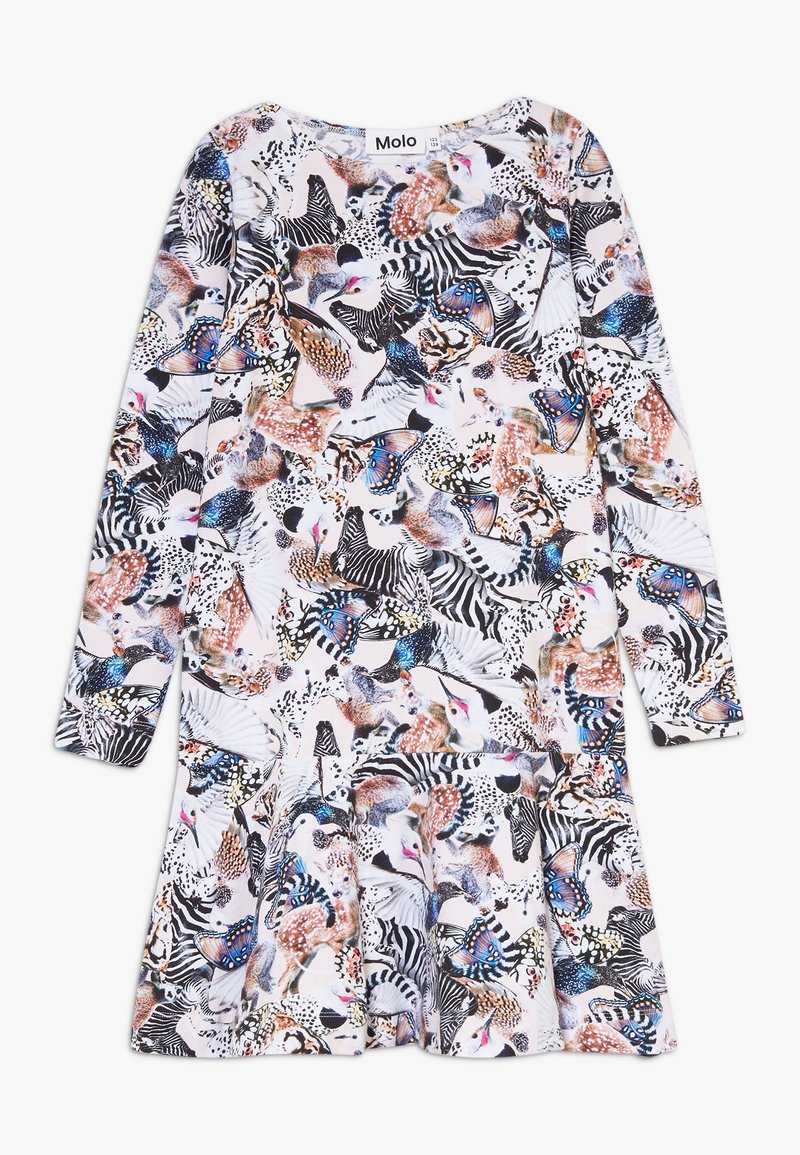 Robe pour enfants à manches longues avec des motifs colorés d'animaux et de papillons sur un fond blanc, étiquetée "Molo" au niveau du col.