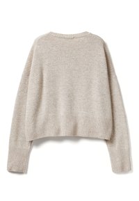 Beżowy skrócony sweter wykonany z miękkiego materiału dzianinowego. Posiada prążkowane wykończenia u dołu i przy mankietach, a także prosty, strukturalny wzór oraz okrągły dekolt.