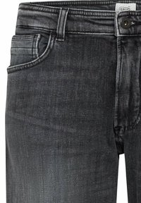Dunkelgraue Jeans aus Denim mit geradem Schnitt, klassischem Fünf-Taschen-Design, robuster Naht und Metallknopfverschluss.