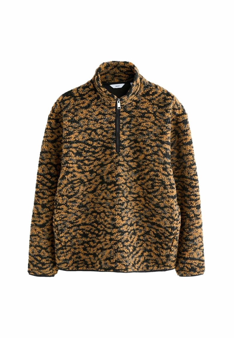 Fleece pulovr v černém a hnědém leopardím potisku, s půlzipovým límcem a strukturovanou tkaninou. Volný střih s dlouhými rukávy.