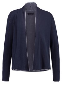 Námořnický cardigan vyrobený z lehké látky, s pruhovanou podšívkou a otevřeným předním designem, dlouhými rukávy a světlým kontrastním lemováním.