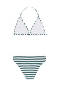 Bikini set s bijelim trokutaškim topom s zelenim prugastim rubom i odgovarajućim donjim dijelom s horizontalnim zelenim i bijelim prugama.