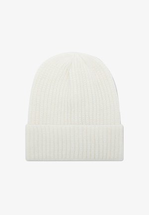 White beanie with ribbed texture and a cuff. Made from soft knit material, it features a seamless design and a round crown.