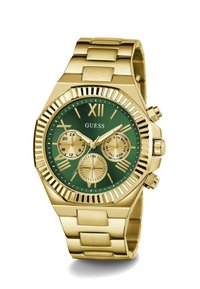 Gold-tone metal watch with a green striped dial, gold hour markers, three sub-dials, and a bold textured bezel. Features a sturdy bracelet.