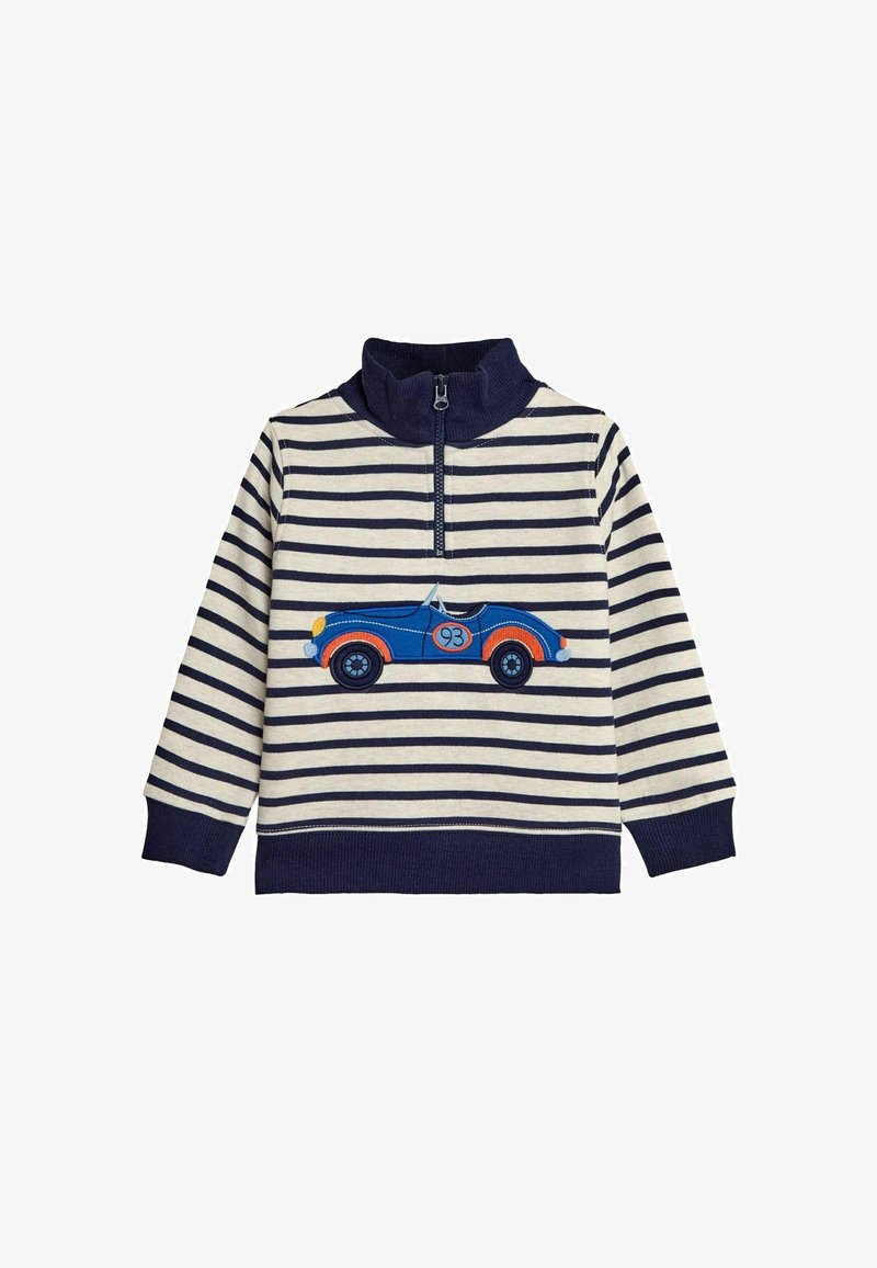 Pullover a righe in crema e blu navy con colletto a mezza zip. Presenta un design di un'auto blu ricamata con il numero 93 sulla parte anteriore.