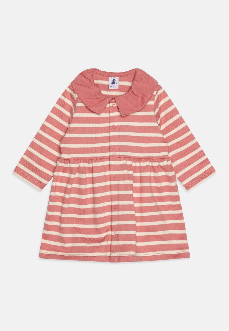 Robe bébé manches longues rayée rose et blanche avec un col arrondi et des boutons pression à l'avant.