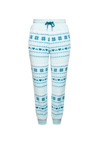 Bílé tepláky s modrým geometrickým vzorem se sněhovými vločkami a srdíčky. Elastický pás s šňůrkou a nohavice s manžetami.