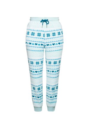 Pantaloni della tuta bianchi con un motivo geometrico blu con fiocchi di neve e cuori. Vita elastica con coulisse e caviglie elastiche.