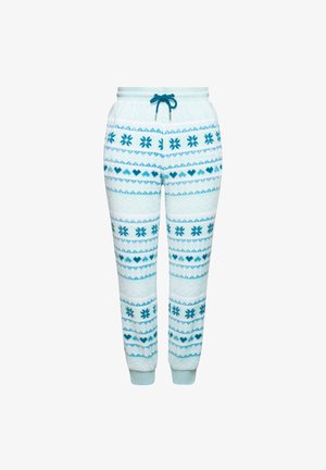 Valkoiset collegehousut, joissa on sininen geometrinen kuvio, jossa on lumihiutaleita ja sydämiä. Elastinen vyötärö, jossa on naru ja resorit nilkassa.