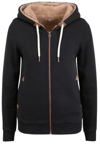 Black zip-up hoodie with a beige fleece lining, featuring brown leather accents, white drawstrings, and side pockets. Smooth texture.