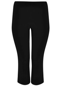 Zwarte capri leggings van rekbaar materiaal, met een gladde textuur en een aansluitend ontwerp. Geen zichtbare versieringen of zakken.