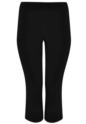 Schwarze Capri-Leggings aus dehnbarem Material, mit glatter Textur und figurbetontem Schnitt. Keine sichtbaren Verzierungen oder Taschen.