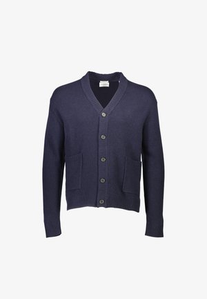 Cardigan blu navy con scollatura a V, sette bottoni e due tasche frontali. Tessuto a maglia con polsini e orlo a coste.