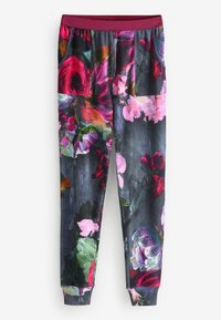Bloemdruk joggingbroeken van zachte stof, met een veelkleurig rozenpatroon, donkere achtergrond, elastische tailleband en zijzakken.