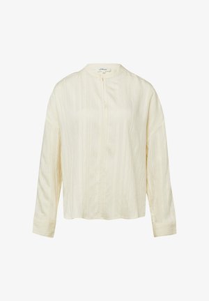Kremowa bluzka z długim rękawem z delikatnymi pionowymi paskami, kołnierzykiem typu mandarynka i ukrytymi guzikami z przodu.