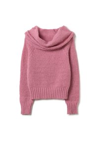 Rosa gestrickter Pullover mit weitem Kragen, gerippten Bündchen und Saum. Weiche Textur, cropped Design und leicht lockerer Schnitt.