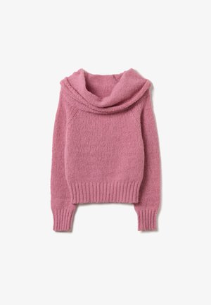 Roze gebreide trui met een col, geribbelde manchetten en zoom. Zachte textuur, cropped ontwerp en een licht comfortabele pasvorm.