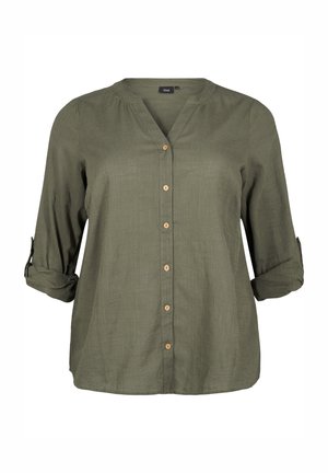 Olive green button-up shirt with a V-neckline, three-quarter sleeves, rolled cuffs, and wooden buttons along the front. Textured fabric.