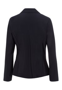 Zwarte blazer met lange mouwen, een reverskraag, een gladde textuur, een getailleerde pasvorm en subtiele stikdetails. Achteraanzicht, zonder versieringen.