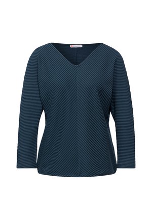 Granatowa bluzka z dekoltem w serek i długimi rękawami, z teksturowanym prążkowanym wzorem oraz przekątnymi paskami na całej powierzchni materiału.