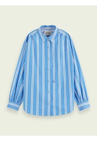 Light blue button-up shirt with white vertical stripes, long sleeves with gathered cuffs, and a rounded hem. Logo embellishment near buttons.
