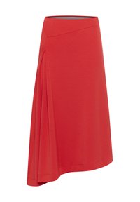 Roter asymmetrischer Rock aus leichtem Stoff mit glatter Textur und einer gerafften Falte auf einer Seite.